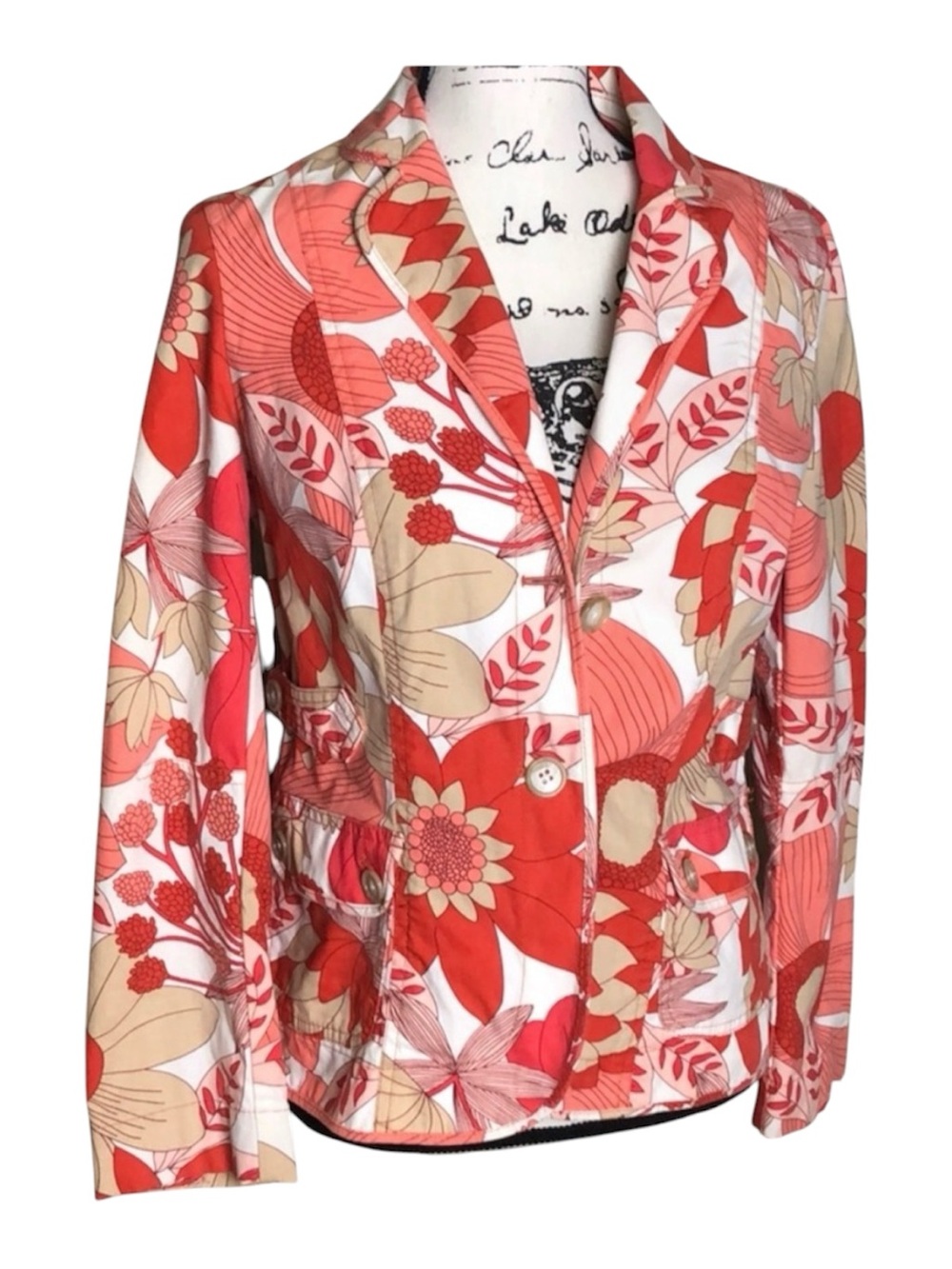 Women’s Floral Print Blazer Jacket Red Pink Beige Button Front Size 10P